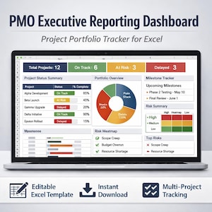 Op de afbeelding: Een laptopscherm toont een PMO Executive Reporting Dashboard, een projectportfoliotracker voor Excel. Het dashboard toont projectstatus, portfolio-overzicht, risicohittekaart en mijlpaaltracker. Het scherm toont ook de tekst "Bewerkbare Excel-sjabloon", "Direct downloaden" en "Multi-project tracking".