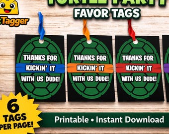 Etiquetas de regalo de cumpleaños de tortuga / Kickin' It / Etiquetas imprimibles para fiesta (descarga instantánea)