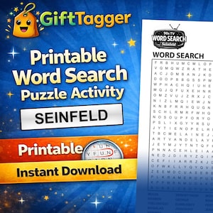 May include: Printable Seinfeld word search puzzle activity sheet. The sheet features a 24x24 grid with 28 words to find. The design includes the show's logo and the words "Printable" and "Instant Download".
