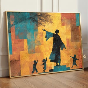 Può includere: Una stampa artistica incorniciata con una cornice dorata. L'opera presenta la silhouette di una figura con le braccia tese, in piedi su gradini, con bambini che corrono verso di lei. Lo sfondo è un collage di tonalità arancioni, turchesi e marroni, con frammenti di testo.