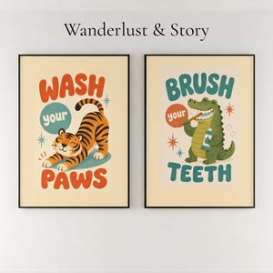 Was je poten Tijger Poets je tanden Krokodil Badkamerset van 2 | Grappige dieren kinderbadkamerprint | Funky retroposters aan de galerijmuur