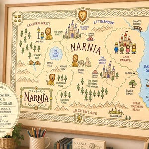 May include: A framed illustrated map of Narnia featuring a light cream background with detailed drawings of castles, forests, mountains, and lions. The map includes text labels for locations like Cair Paravel, Lantern Waste, and the Eastern Ocean.