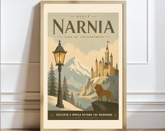 Póster de viaje vintage de Narnia / Arte mural de castillo de fantasía / Tema literario inspirado en C.S. Lewis / Lámina de biblioteca / Arte literario imprimible