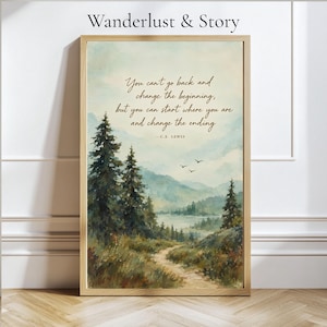 May include: A rectangular framed wall art print featuring a watercolor landscape of a dirt path leading through a forest toward distant mountains. The text reads: You can't go back and change the beginning, but you can start where you are and change the ending. - C.S. LEWIS.