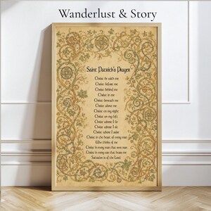 May include: A rectangular framed print featuring the text Saint Patrick's Prayer in black lettering on a parchment-colored background. The border is decorated with intricate, swirling green and gold Celtic-style vine and knotwork patterns.