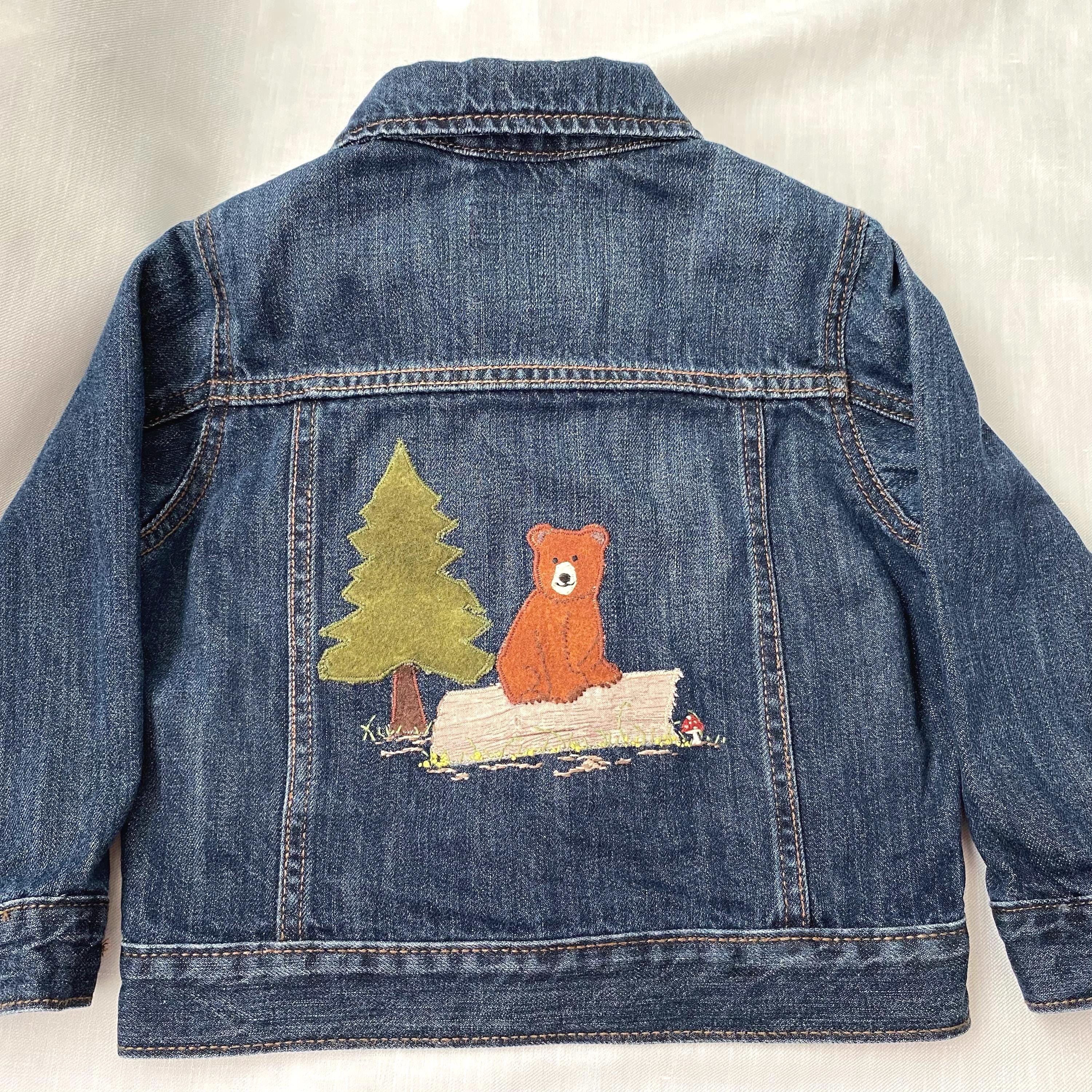 Upcycled Kids Denim Jacket Hand Embroidered Bear & Mushroom Nature 2T