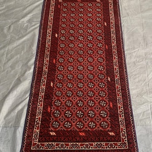 Alfombra afgana Mowri de 2,7 x 6,1 pies, alfombra tribal roja para pasillo, alfombra geométrica, decoración para la entrada.