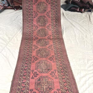 3x10 Afghan Hallway Runner Rug, Vintage Hand Knotted Wool Rug, Pink Geometric Tribal Runner, Narrow Entryway Kitchen Carpet