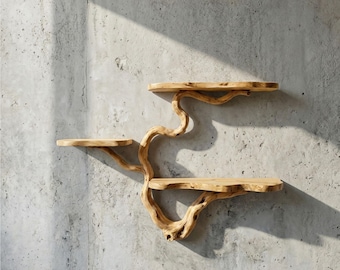 Estanterías flotantes de madera a la deriva, decoración de pared de libros de madera maciza, muebles hechos a mano únicos para el hogar.