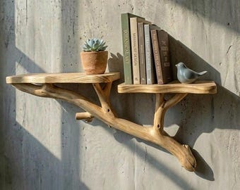 Estantería flotante de madera, estantes de ramas de árbol, estantería rústica de pared, estantería de libros de madera natural