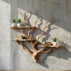 Op de afbeelding: Een uniek, boomvormig wandrek van lichtbruin hout. Het heeft drie planken, elk met kleine potplanten en stapels kleurrijke boeken. Het rek is bevestigd aan een grijze betonnen muur met textuur.