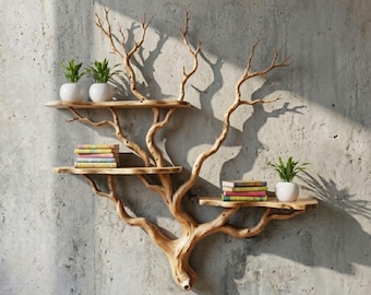 Tree branch floating shelf live edge shelf unique bookshelf handmade furniture and decor