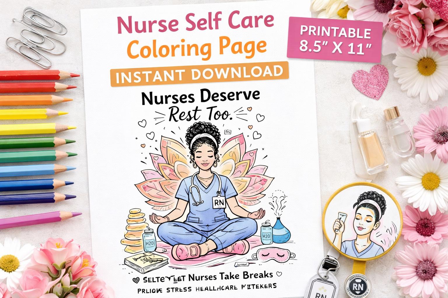 Nurse Self Care Coloring Page | Stress Relief RN Printable (digital ...