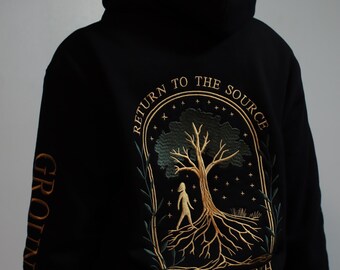 Premium Embroidered Cotton Hoodie – Return To Source -Earth Goddess Design