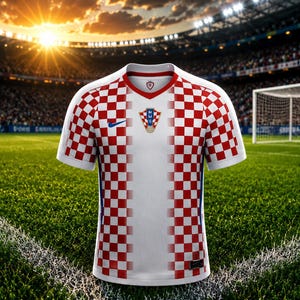 Pu&ograve; includere: Una maglia da calcio a scacchi rossi e bianchi con scollo a V, un logo Nike blu sul petto destro e lo stemma della Federazione calcistica croata al centro. La maglia presenta maniche corte e un pannello centrale di colore bianco.