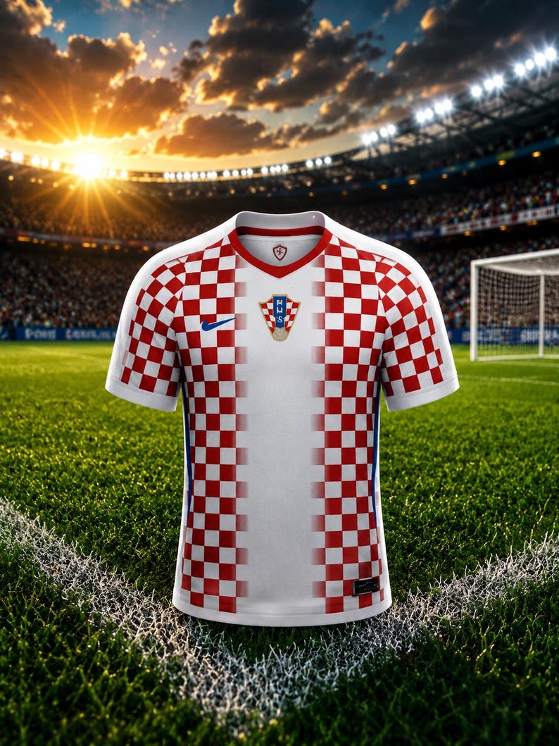 Pu&ograve; includere: Una maglia da calcio a scacchi rossi e bianchi con scollo a V, un logo Nike blu sul petto destro e lo stemma della Federazione calcistica croata al centro. La maglia presenta maniche corte e un pannello centrale di colore bianco.