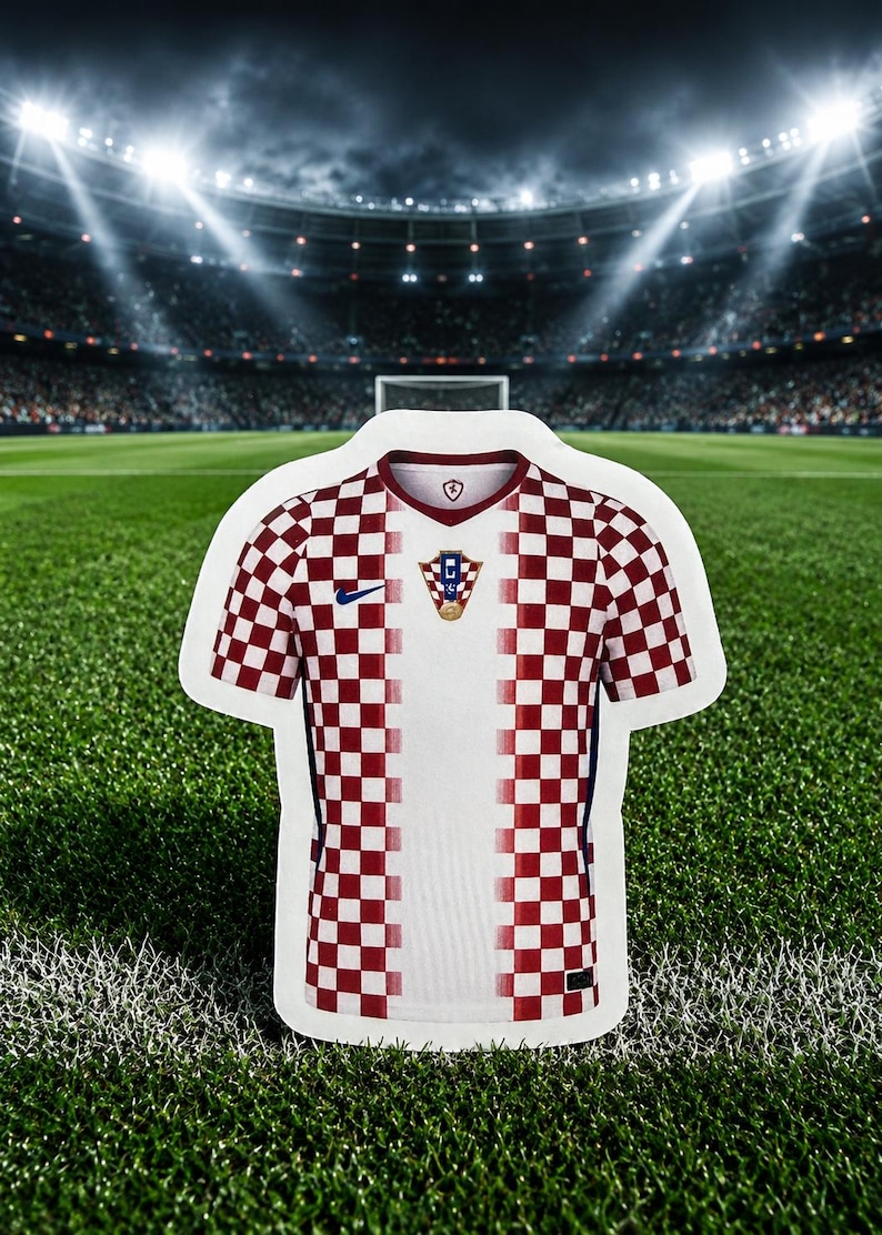 Pu&ograve; includere: Una maglia da calcio a maniche corte con un motivo a scacchi rossi e bianchi sulle maniche e sui lati, e un pannello verticale bianco solido al centro. La maglia presenta un logo blu scuro sul petto destro e uno stemma della squadra al centro.