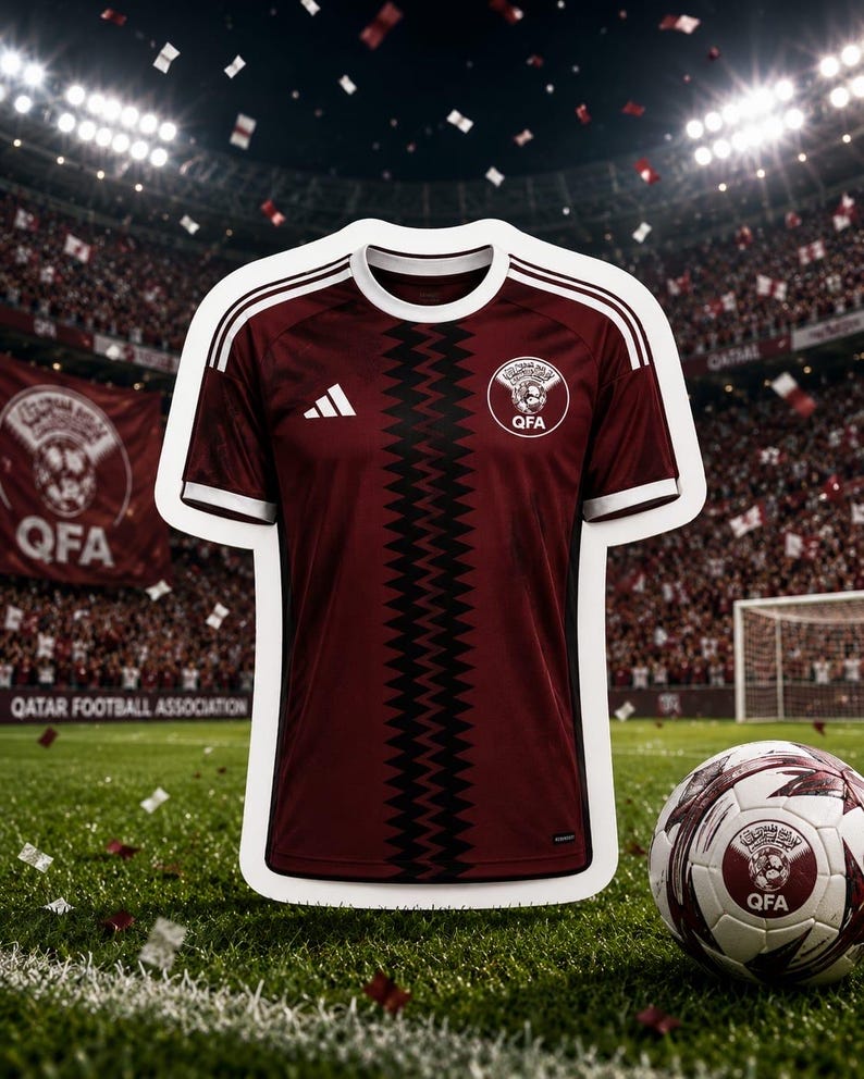May include: Maroon soccer jersey with white accents and a black zig-zag design. The jersey features the Qatar Football Association logo and the Adidas logo. A soccer ball with the QFA logo rests on the grass.