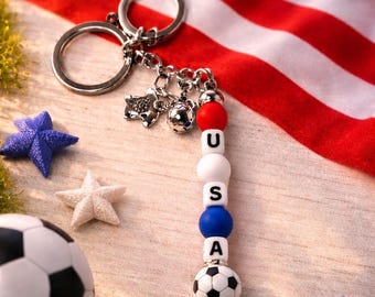 Patriotic Soccer Keychain – USA Beaded Charm | Soccer Fan Gift | Team Spirit Accessory | Red White Blue Keyring