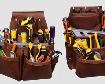 Full Grain Leather Tool Belt with Suspenders, Heavy Duty Carpenter Work Rig