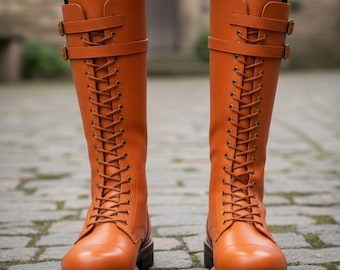 Men's Handmade Tan Leather Knee High Boots | 21" Lace-Up Buckle Combat Boots | Custom Fit Lug Sole | Military Riding Boot | Gift for Him