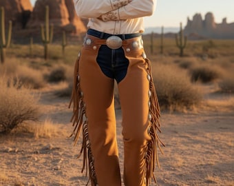 Handmade Buckskin Suede Leather Cowgirl Chaps - Western Rodeo Fringe Riding Pants Gift for Women
