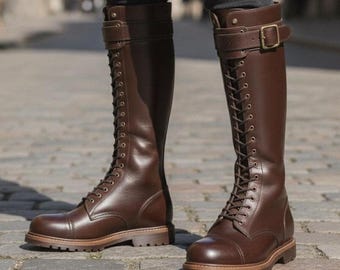Handmade Full Grain Leather Engineer Boots, Tall Lace-Up Motorcycle Riding Footwear