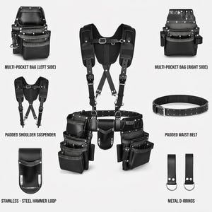 May include: A black leather tool belt set with multiple pockets, a padded shoulder suspender, and a padded waist belt. Includes a stainless steel hammer loop and metal D-rings. The set is designed for professional use.