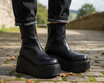 Black Platform Wedge Ankle Boots Women | Chunky Sole Chelsea Bootie | Leather Zip Up Boot | Goth Edgy Streetwear Shoes | Gift for Her