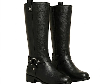 Black Knee High Leather Boots Women, Tall Moto Harness Boots, O-Ring Zipper Riding Boots, Equestrian Block Heel Boots, Biker Boots Gift