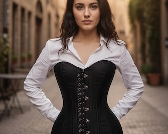 Black Satin Corset, Steel Boned Waist Cincher, Gothic Burlesque Corset Top, Lace Up Overbust Corset, Women Corset Belt, Bridal Corset Dress
