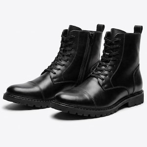 Black Leather Combat Ankle Boot Women | Lace Up Zip Military Biker Boot | Chunky Sole Tactical Boots | Pebbled Leather Everyday Boot