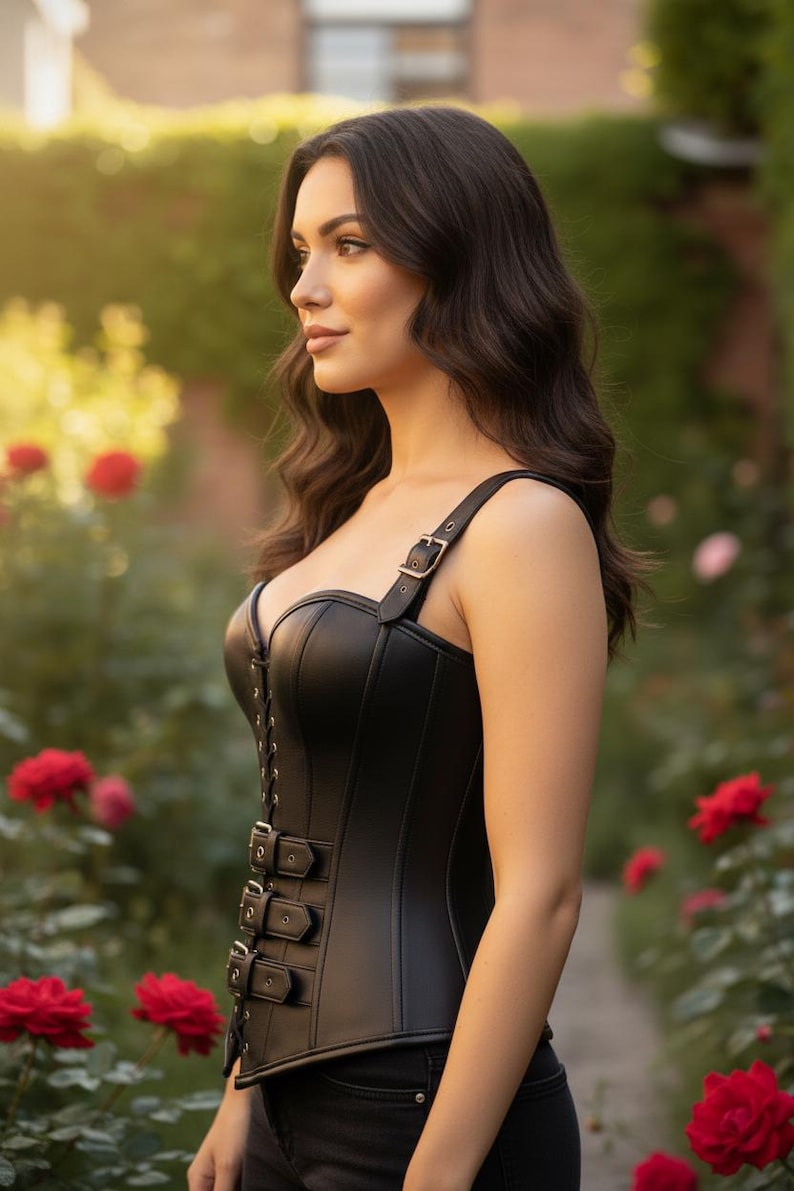 Real Leather Corset Top Women | Gothic Buckle Underbust Waist Cincher | Handmade Dark Fashion | Halloween Rave Gift image 3