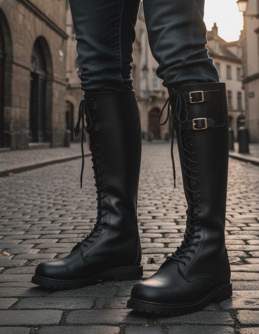 Handmade Black Leather Knee High Boots | Lace Up Military Combat Riding Boots | Double Buckle Gothic Unisex Custom Tall Boots