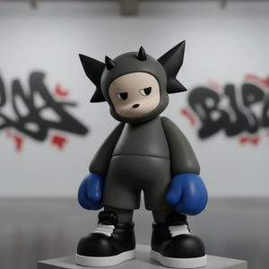 Puede incluir: Figura de juguete de arte de vinilo gris con un diseño de dibujos animados, con un casco con cuernos, guantes azules y zapatillas deportivas en blanco y negro. La figura se encuentra sobre un pedestal gris frente a una pared cubierta de graffiti.