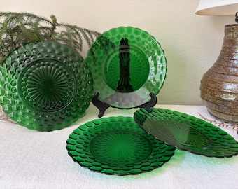 Vintage Depression Glass Green Bubble 9 1/4" Dinner Plates, Set of 4