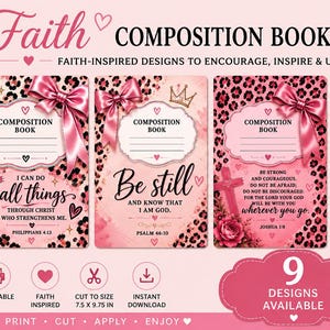 May include: Four rectangular composition book covers featuring pink leopard print backgrounds, satin bows, and floral accents. Each cover displays a central label for a name, religious text, and scripture references including Philippians 4:13, Psalm 46:10, Joshua 1:9, and 1 Peter 5:7. Text includes 7.5 X 9.75 IN.