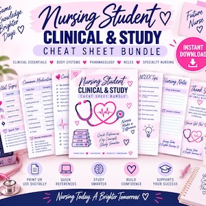 以下が含まれることがあります： 聴診器、ハート、教育的なテキストが描かれたピンクと紫のグラフィックが特徴の、看護学生向けの臨床および学習用チートシートバンドル。ページにはバイタルサイン、一般的な薬、NCLEXのヒント、看護ノートのセクションが含まれています。