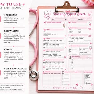 Puede incluir: Una hoja de informe de enfermería rosa en un portapapeles con un estetoscopio y un bolígrafo. El documento incluye secciones para datos del paciente, diagnóstico, alergias, precauciones, piel, cardíaco, respiratorio, GI, GU, laboratorio y notas.