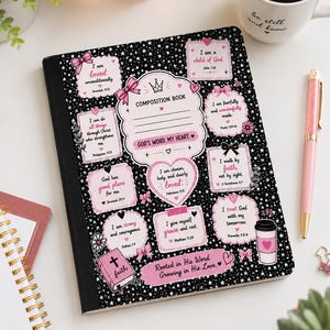 May include: A black composition book with a white star pattern, featuring pink decorative labels with religious text, bows, and hearts. The cover includes the text "COMPOSITION BOOK," "GOD'S WORD. MY HEART," and "Rooted in His Word. Growing in His Love."