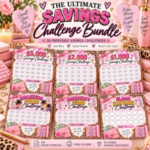 May include: A printable savings challenge bundle featuring six sheets with pink and leopard print designs. Each sheet includes heart-shaped icons for tracking financial goals, labeled with titles like $5,000 Savings Challenge and Vacation Fund Challenge.