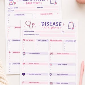 May include: Two white paper study templates for nursing students. The top sheet is titled PHARMACOLOGY DRUG STUDY with fields for drug name, class, use, and mechanism. The bottom sheet is titled DISEASE at a glance with sections for pathophysiology, risk factors, symptoms, and nursing interventions, featuring purple and pink icons.