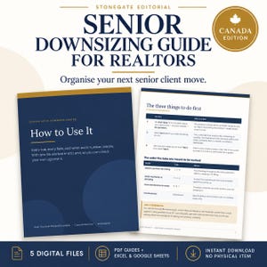 May include: A digital Senior Downsizing Guide for Realtors Canada Edition featuring a dark blue cover titled How to Use It and an interior page titled The Three Things to Do First. The guide includes five digital files, PDF guides, and Excel sheets.