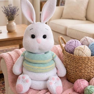 Op de afbeelding: Een grote, handgemaakte witte gehaakte konijn met lange oren, roze binnenoren en een roze neus. Het konijn draagt een gestreepte groen-gele trui. Het zit op een roze deken, met een mand met garen en haaknaalden in de buurt.
