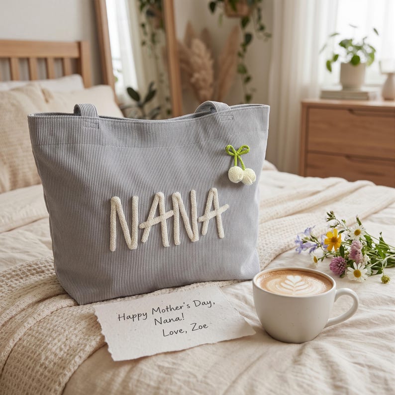 K&ouml;nnte beinhalten: Eine graue Cord-Tragetasche mit dem Wort "NANA" in Wei&szlig; gestickt. Eine kleine, dekorative Kirsche ist an der Tasche befestigt. Eine handgeschriebene Notiz lautet "Happy Mother's Day, Nana! Love, Zoe." Eine Tasse Kaffee mit Latte Art steht daneben.