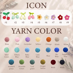 K&ouml;nnte beinhalten: Eine Pr&auml;sentation von H&auml;kelgarnfarben und floralen und fruchtigen Symbolen. Die Garnfarben umfassen Rose, Pink, Lavendel, Gelb, Orange, Khaki und Wei&szlig;. Die Symbole sind Kirschen, Tulpen und Blumen in verschiedenen Farben.