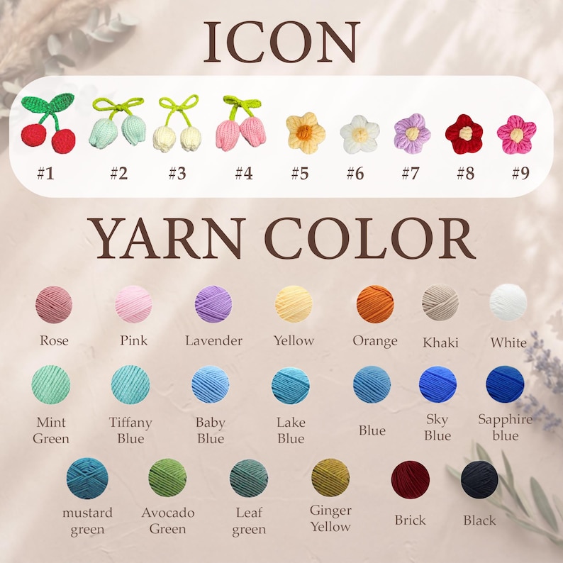 K&ouml;nnte beinhalten: Eine Pr&auml;sentation von H&auml;kelgarnfarben und floralen und fruchtigen Symbolen. Die Garnfarben umfassen Rose, Pink, Lavendel, Gelb, Orange, Khaki und Wei&szlig;. Die Symbole sind Kirschen, Tulpen und Blumen in verschiedenen Farben.
