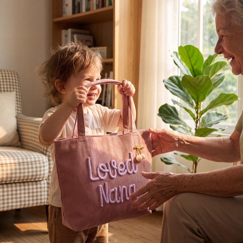 K&ouml;nnte beinhalten: Eine rosa Cord-Einkaufstasche mit dem gestickten Text "Loved Nana". Die Tasche hat zwei Griffe und eine kleine Kirschverzierung. Ein Kind h&auml;lt die Tasche.
