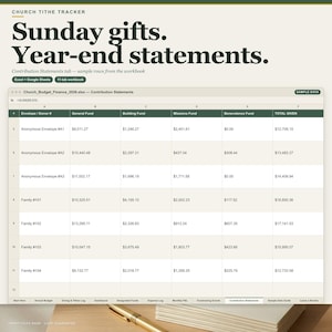 Church Tithe Tracker Spreadsheet | Giving Log Year-End Statements Excel
