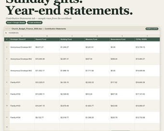 Church Tithe Tracker Spreadsheet | Giving Log Year-End Statements Excel